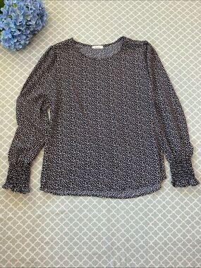 Les Amis Black Cream Dot Smocked Cuff Long Sleeve Blouse L